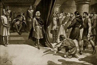Camponeses atirando seus arados aos pés de Henrique I, ilustração de "Hutchinson
