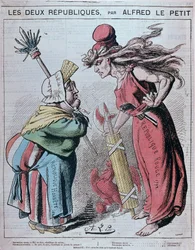 Cartoon on the two Republics, "Republique Honnete (1830) and Republique rouge (1793)" de Alfred Le Petitty em "Le Grelot" 1872
