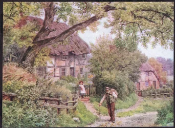 Junto a uma estrada rural em Houghton, Suffolk, de As casas de campo e a vida nas aldeias da Inglaterra rural, publicado por Dent & Sons Limited, 1912