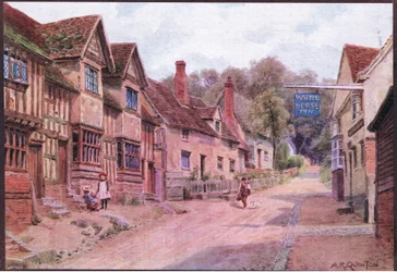 Casas anteriormente ocupadas por tecelões, Kersey, Suffolk, de The Cottages and the Village Life of Rural England publicadas por Dent & Sons Limited