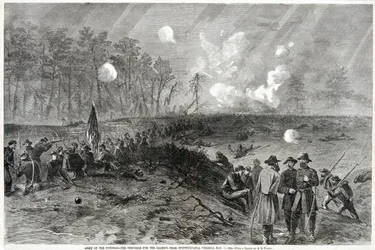 Exército do Potomac - A Luta pelo Saliente, perto de Spottsylvania, Virgínia. 12 de maio de 1864, da Harpers Weekly, pub. 1864