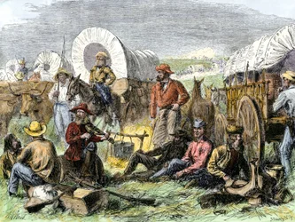História dos colonos de Conquete Oeste: Pioneiros americanos. Acampamento de viajantes no Túmulo da Noite perto de Diligences, Estados Unidos. Gravura colorida do século XIX.