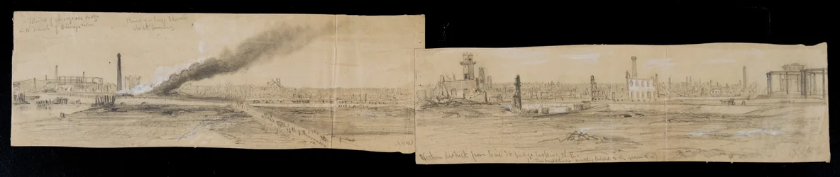 Distrito norte da Erie Street Bridge, olhando para o leste, durante o incêndio de Chicago de 1871 (lápis e giz sobre papel)