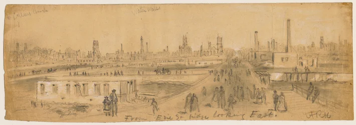 Vista da Erie Street Bridge olhando para o leste durante o incêndio de Chicago de 1871