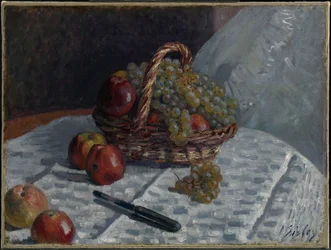 Maçãs e uvas num cesto