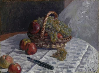 Maçãs e uvas em uma cesta. Por volta de 1880-81