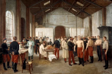 Vacinação no Hospital Val-de-Grâce, em Paris, cerca de 1900.