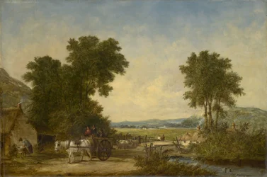 Paisagem arborizada do país com figuras em um carrinho, c.1855