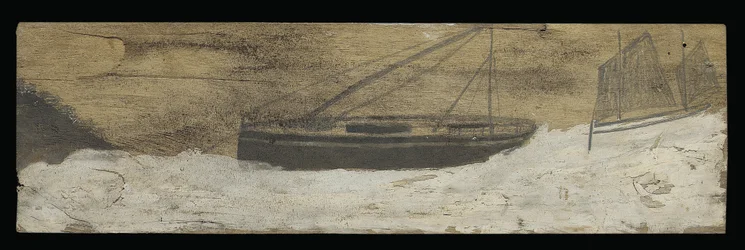 Barcos em águas agitadas (lápis e óleo no painel)