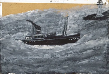 Arrastão e cais (óleo sobre cartão)