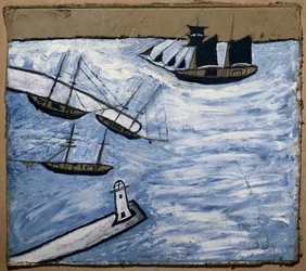 Vista do porto e do farol de Saint Ives (Cornualha, Inglaterra). Óleo e lápis sobre cartão, de Alfred Wallis (1855-1942)