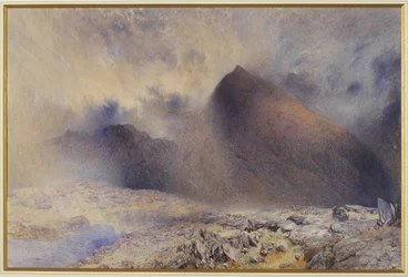 Monte, snowdon, através, limpando nuvens, 1857, (wc, und, lápis, ligado, paper)