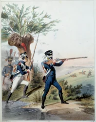 Armee Napoleónica: Guarda Imperial. Gravura de Alfred De Marbot (século XIX) 1809. Malmaison, Musee Du Chateau.