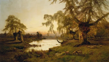 Ovelhas pastando por um lago ao pôr do sol (óleo sobre tela)