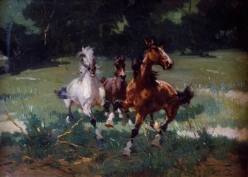 Running Horses, pintura de Alfredo Tominz (1854-1936), óleo sobre papelão, 67x48 cm, Itália