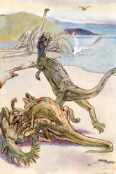 Uma cena mesozóica mostrando Deinotheria (litografia a cores)