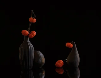 Abóboras laranjas, jarros escuros