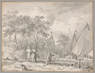 Paisagem com figuras elegantes junto a um rio, com barcos à direita e uma cidade atrás de árvores mais além