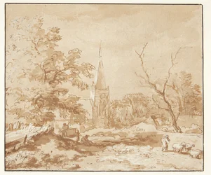 Paisagem com árvores e uma igreja