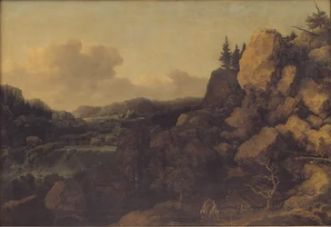 Paisagem de montanha com um casal de cavaleiros em primeiro plano