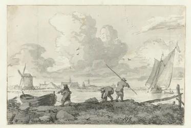 Pescadores com seu barco a remo no Spaarne perto de Haarlem