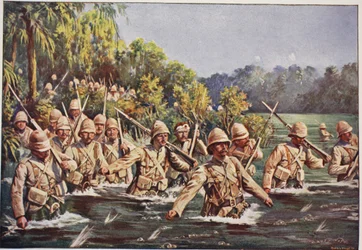 Os Highlanders de Argyll e Sutherland atravessando o rio Modder, ilustração de "Batalhas do Século XIX, Vol. VI: A Guerra Bôer de 1899-1900" de Archibald Forbes, G.A. Henty e Major Arthur Griffiths (cor litho)