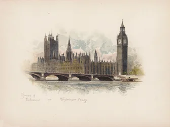 Londres familiar: Casas do Parlamento e Ponte de Westminster (litografia a cores)