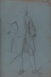 Homem de pé com um bastão na mão esquerda, a todo o comprimento