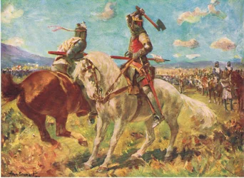 O combate entre o Rei Robert the Bruce e Sir Henry de Bohun em Bannockburn (lito colorido)