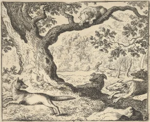 Seguindo a história falsa de Renard, seu pai é perseguido por cães de caça de Hendrick van ..., 1650-75.