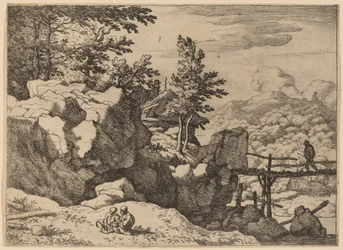 Homem em uma pequena ponte de madeira, provavelmente c. 16451656.