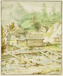 Paisagem nórdica com cabana de madeira e Weir (caneta, pincel e wc no papel)