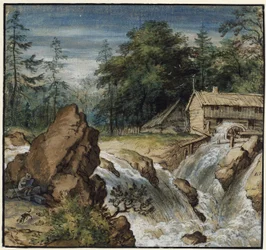 Paisagem nórdica com um desenhador junto a uma cascata