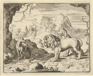 Renard convence o leão e a leoa de encontrar um tesouro que seu pai roubou deles ..., 1650-75.