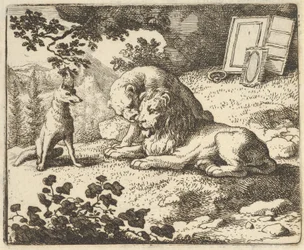 Renard mente que deu ao carneiro vários objetos preciosos que foram feitos para o leão..., 1650-75.