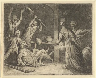 O gato, pego em uma armadilha, é maltratado pelas pessoas da casa, 1650-75.