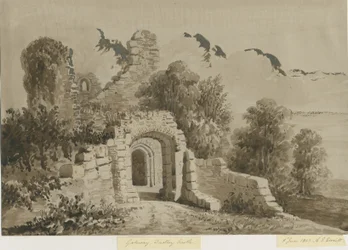 Dudley Castle - The Gateway: desenho de lavagem em sépia vermelha, 8 de junho de 1843