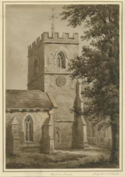 Igreja de Harborne: desenho em sépia vermelho, 2 de julho de 1842