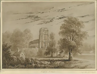 Lichfield - Igreja de São Chade: desenho da sépia vermelha, Jul 1842 (desenho)
