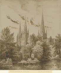 Catedral de Lichfield - Sudoeste Vista: desenho em sépia, julho de 1842