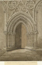 Catedral de Lichfield - entrada oeste: desenho em sépia vermelho - marrom, 27 de agosto de 1842