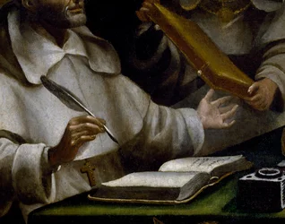 As mãos de São Alberto como ele escreve, detalhe de São Paulo aparecendo a São Alberto o Grande e São Tomás de Aquino, pintura de Alonso Antonio Villamor (1661-1729), detalhe