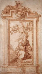 Projeto arquitetônico com figura feminina e Putti (caneta e tinta e lavar no papel)