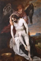Espanhol:  Cristo muerto sostenido por un ángel O Cristo morto sustentado por um anjo