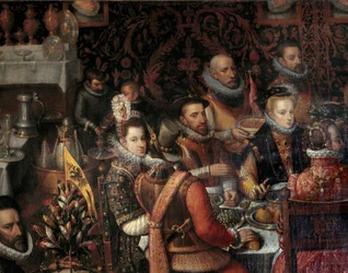 O banquete dos monarcas da casa da Áustria Detalhe representando à direita Ana da Áustria (1549-1580), esposa de Filipe II da Espanha (1527-1598), tem o seu lado, e à esquerda a infante Isabella Clara Eugenia (1566-1633). Pintura de Alonso Sanch