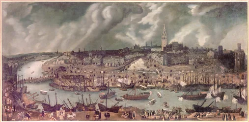 Vista da cidade de Sevilha (Espanha) Pintura atribuída a Alonso Sanchez-Coello (Sanchez Coello) (cerca de 1531-1588) Fim do século XVI