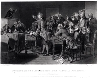 Patrick Henry dirigindo-se à Assembléia da Virgínia, em março de 1775, gravado por Henry Bryan Hall (1808-1884), 1856
