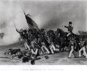 A Batalha de Chippewa, General Scott Ordenando a Carga do Batalhão de McNeil, 5 de julho de 1814, gravado por Johnson, Fry und Co. (gravura) (foto bundw)