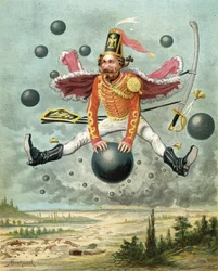 Barão Munchausen montado numa bola de canhão durante a luta com Tippoo, de "As Aventuras do Barão Munchausen" de Rudolf Erich Raspe (1736-94) publicado c.1886 (cor litho)
