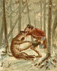 O encontro do Barão Munchausen com um lobo, de "As Aventuras do Barão Munchausen" de Rudolf Erich Raspe (1736-94) publicado c.1886 (cor litho)